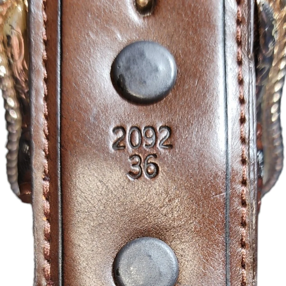 DDD 3-D Belt Southwestern Silver Tone Buckle & Concho Brown Leather Belt Size 36